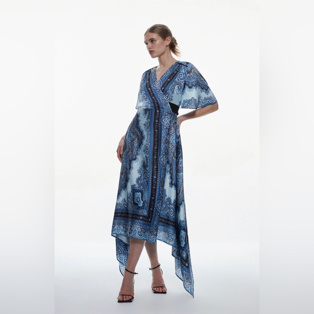 Karen Millen Scarf Printed Hammered Satin Woven Wrap Midi Dress - Size S